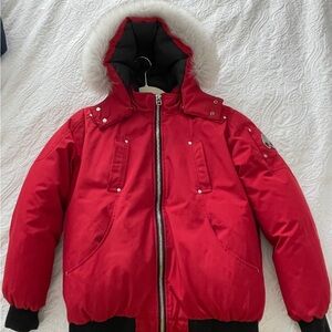 Moose Knuckles Red Puffer Jacket with Faux Fur Hood